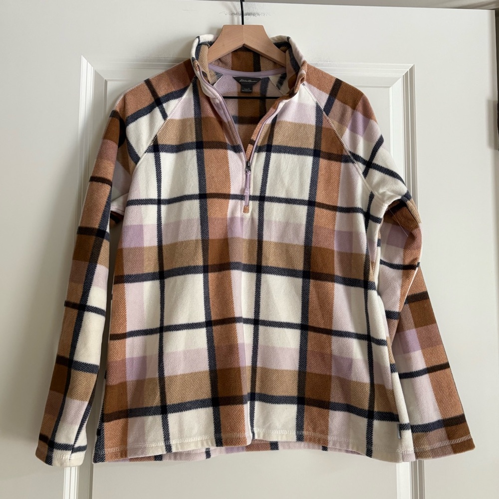 Plaid Quarter-Zip Fleece Pullover - Cream & Brown